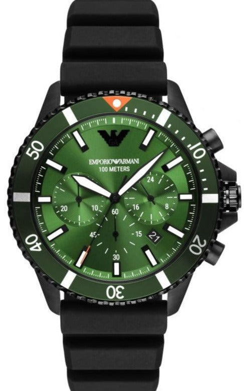 Emporio Armani Diver Chronograph Quartz Green Dial Black Silicon Strap Watch For Men - AR11463