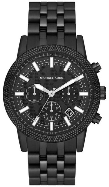 Michael Kors Hutton Chronograph Black Dial Black Steel Strap Watch For Men - MK9089