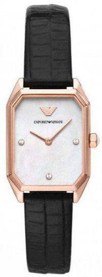 Emporio Armani Gioia Quartz Mother of Pearl Dial Black Leather Strap Watch For Women - AR11390