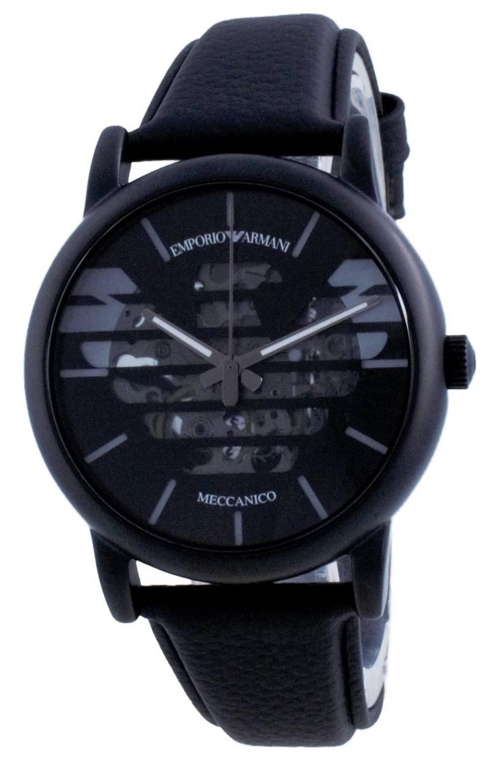 Emporio Armani Meccanico Quartz Black Dial Black Leather Strap Watch For Men - AR60032