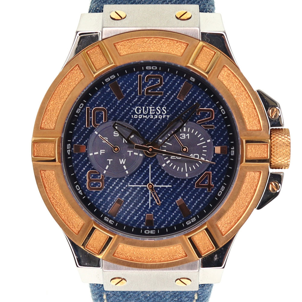 Guess Rigor Analog Blue Dial Blue Denim Strap Watch For Men - W0040G6