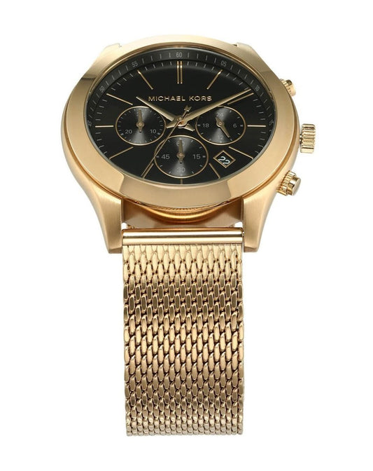 Michael Kors Slim Runway Chronograph Black Dial Gold Mesh Strap Watch For Men - MK9057