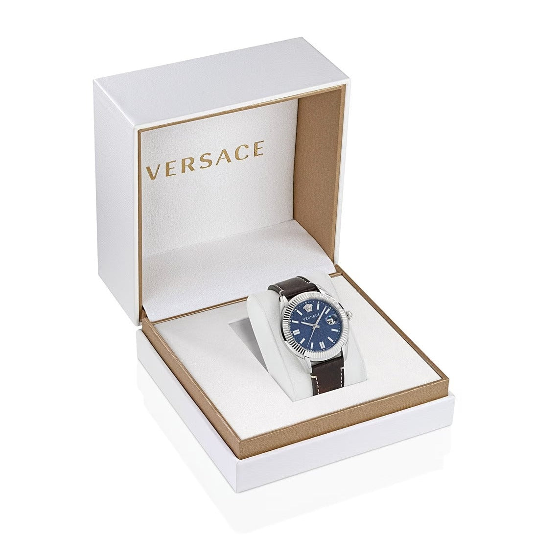 Versace Greca Time Quartz Blue Dial Brown Leather Strap Watch For Men - VE3K00122