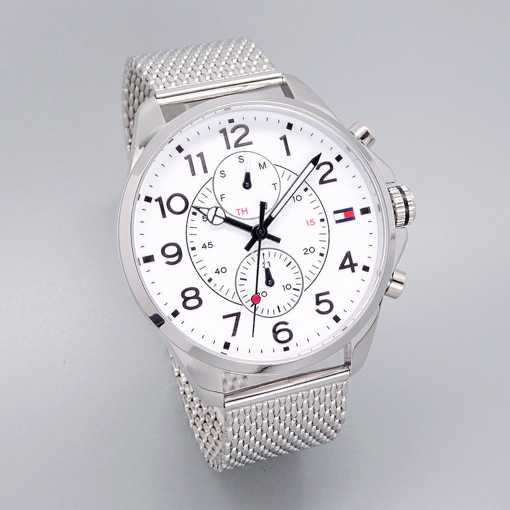 Tommy Hilfiger Dean Chronograph White Dial Silver Mesh Bracelet Watch for Men - 1791277