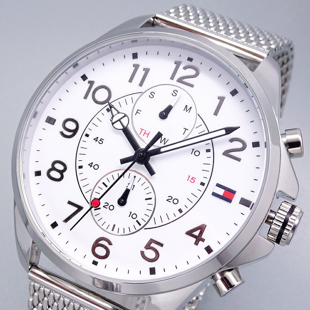 Tommy Hilfiger Dean Chronograph White Dial Silver Mesh Bracelet Watch for Men - 1791277