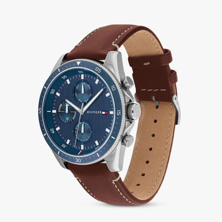 Tommy Hilfiger Parker Chronograph Blue Dial Brown Leather Strap Watch For Men - 1791837