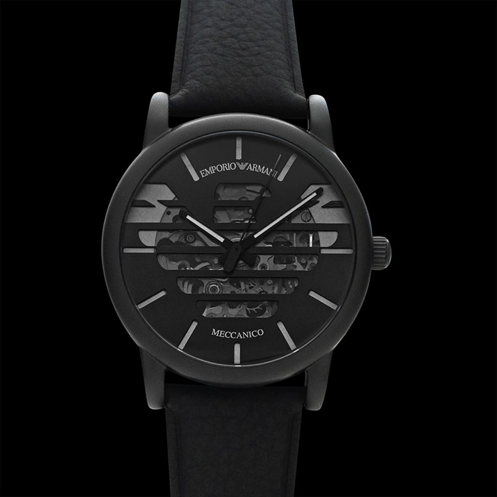 Emporio Armani Meccanico Quartz Black Dial Black Leather Strap Watch For Men - AR60032