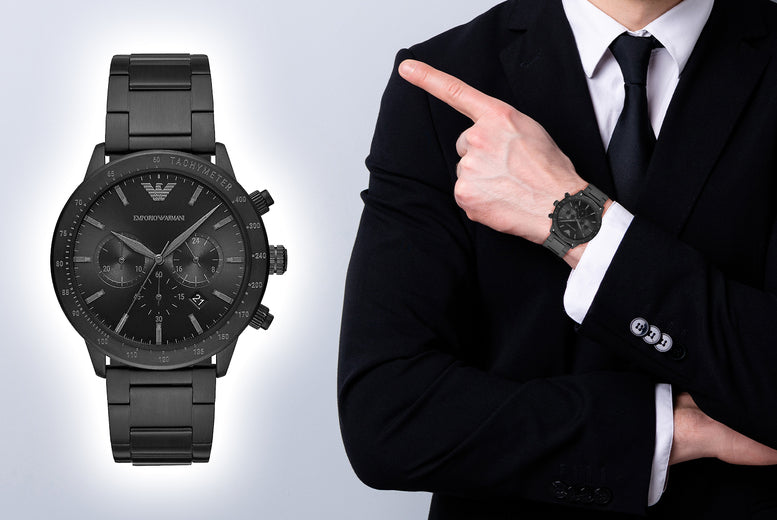 Emporio Armani Mario Chronograph Black Dial Black Steel Strap Watch For Men - AR11242