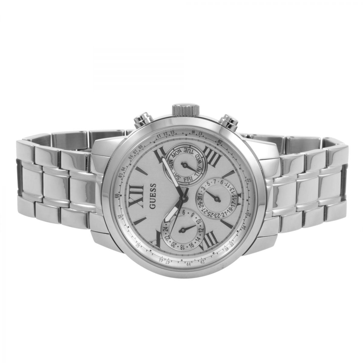 Guess Sunrise Multifunction Quartz White Dial Silver Steel Strap Watch For Women - W0330L3