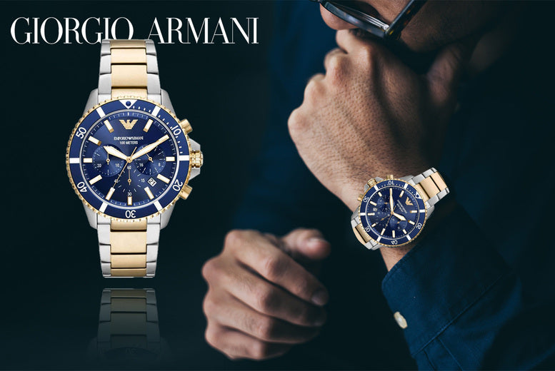 Emporio Armani Mario Chronograph Blue Dial Two Tone Steel Strap Watch For Men - AR11362