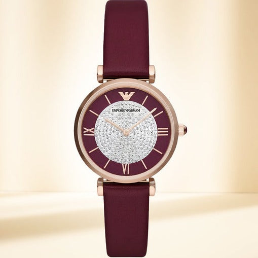 Emporio Armani Gianni T Bar Crystals Maroon Dial Maroon Leather Strap Watch for Women - AR11487