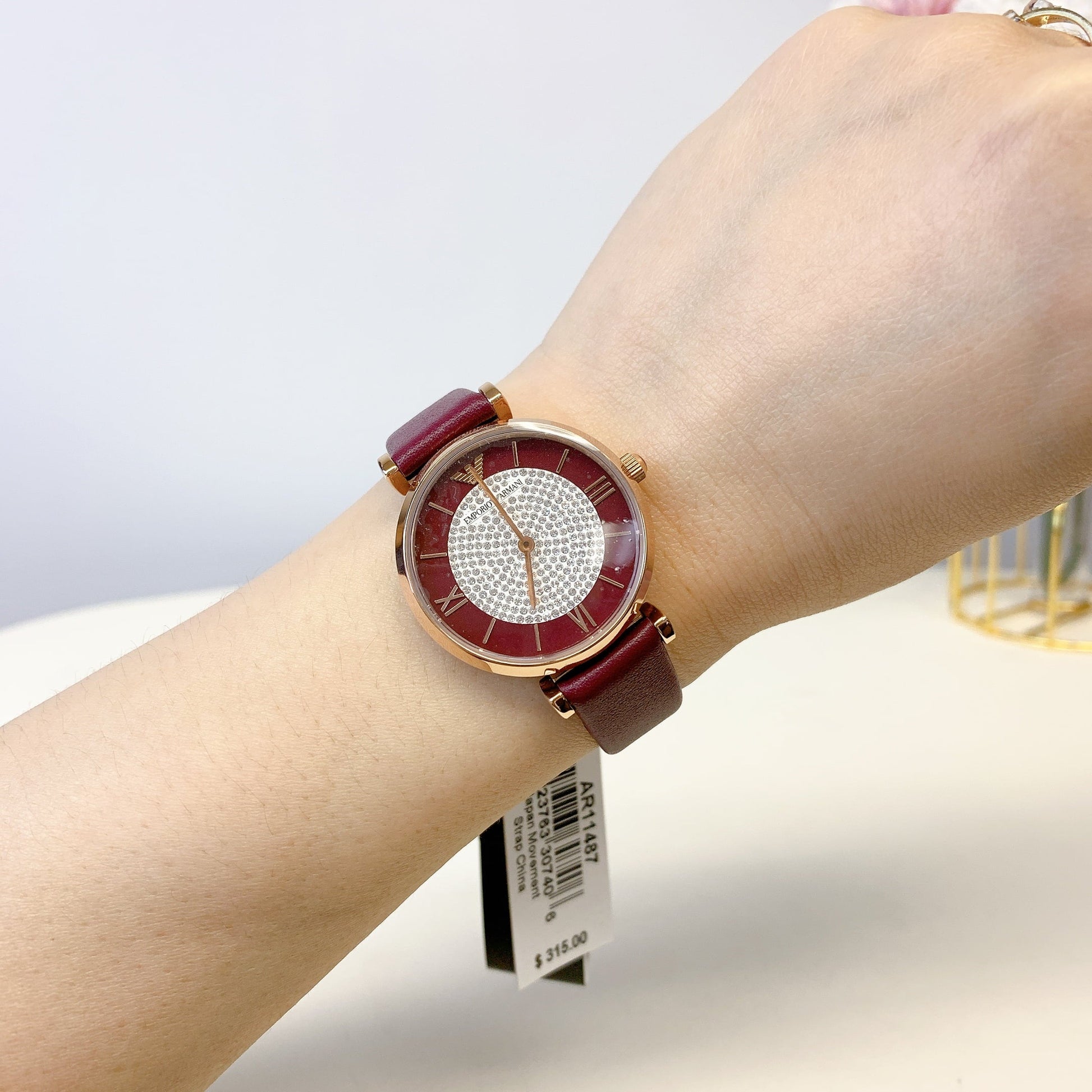 Emporio Armani Gianni T Bar Crystals Maroon Dial Maroon Leather Strap Watch for Women - AR11487