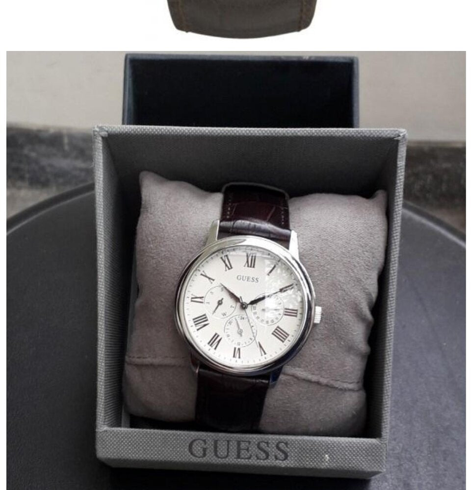 Guess Wafer Quartz White Dial Brown Leather Strap Watch For Men - W70016G2