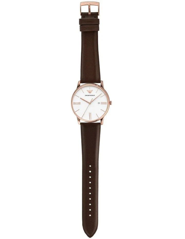 Emporio Armani Minimalist Quartz White Dial Brown Leather Strap Watch For Men - AR11572