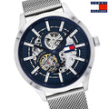 Tommy Hilfiger Spencer Skeleton Black Dial Silver Mesh Bracelet Watch for Men - 1791643