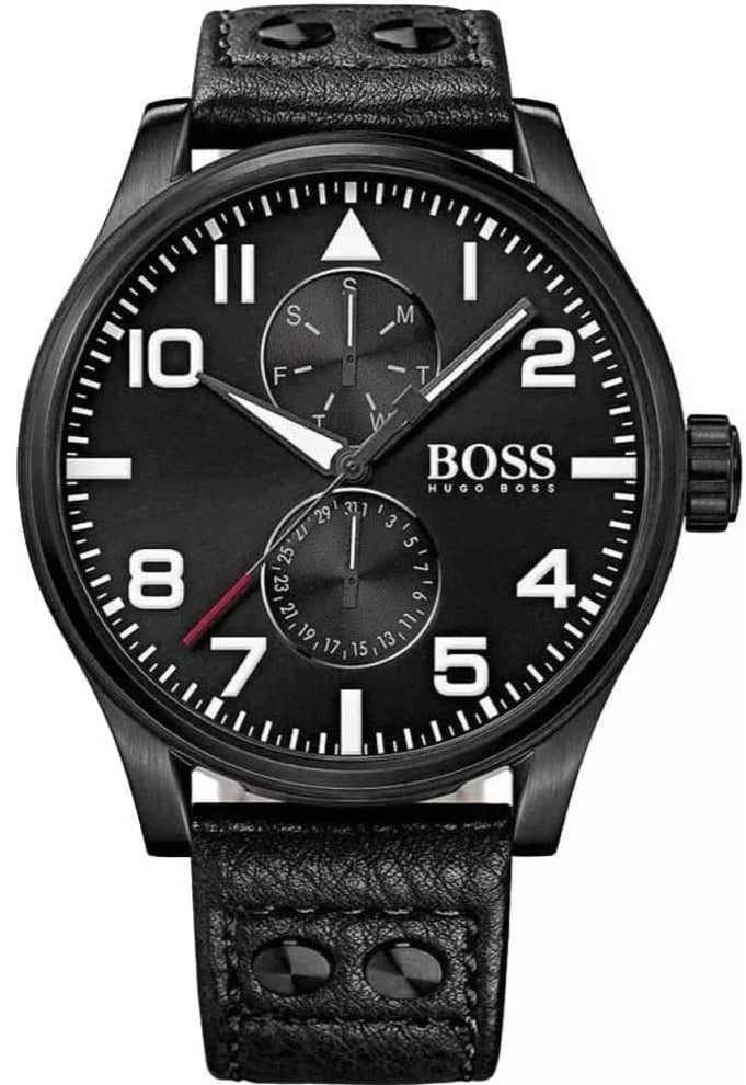 Hugo Boss Aeroliner Black Dial Black Leather Strap Watch For Men - 1513083