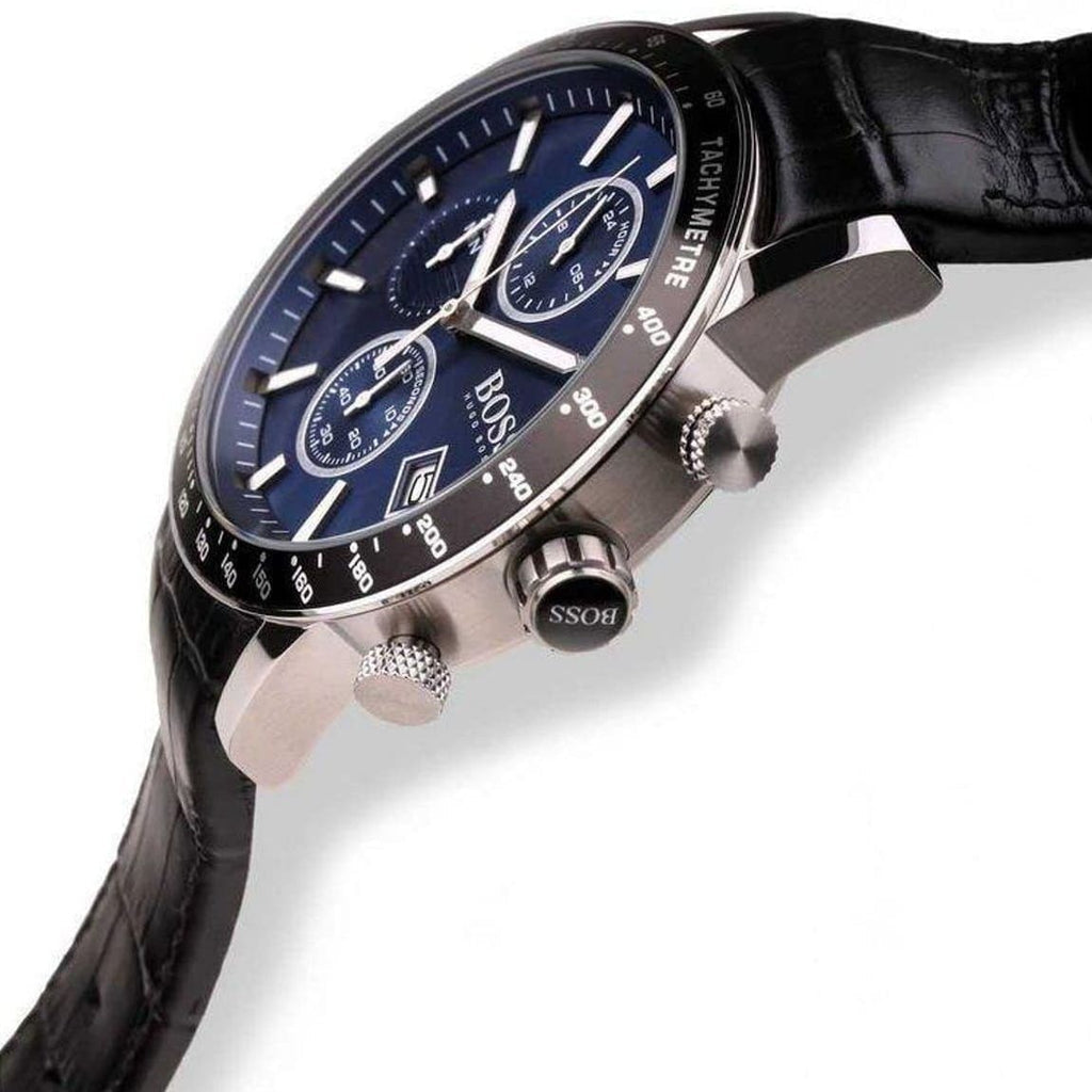 Hugo Boss Rafale Chronograph Blue Dial Black Leather Strap Watch For Men - 1513391