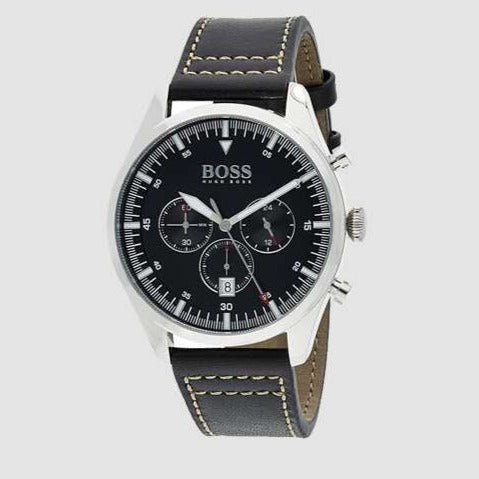 Hugo Boss Pioneer Chronograph Black Dial Black Leather Strap Watch For Men - 1513708