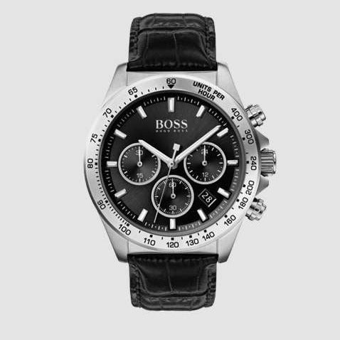 Hugo Boss Hero Chronograph Black Dial Black Leather Strap Watch For Men - 1513752