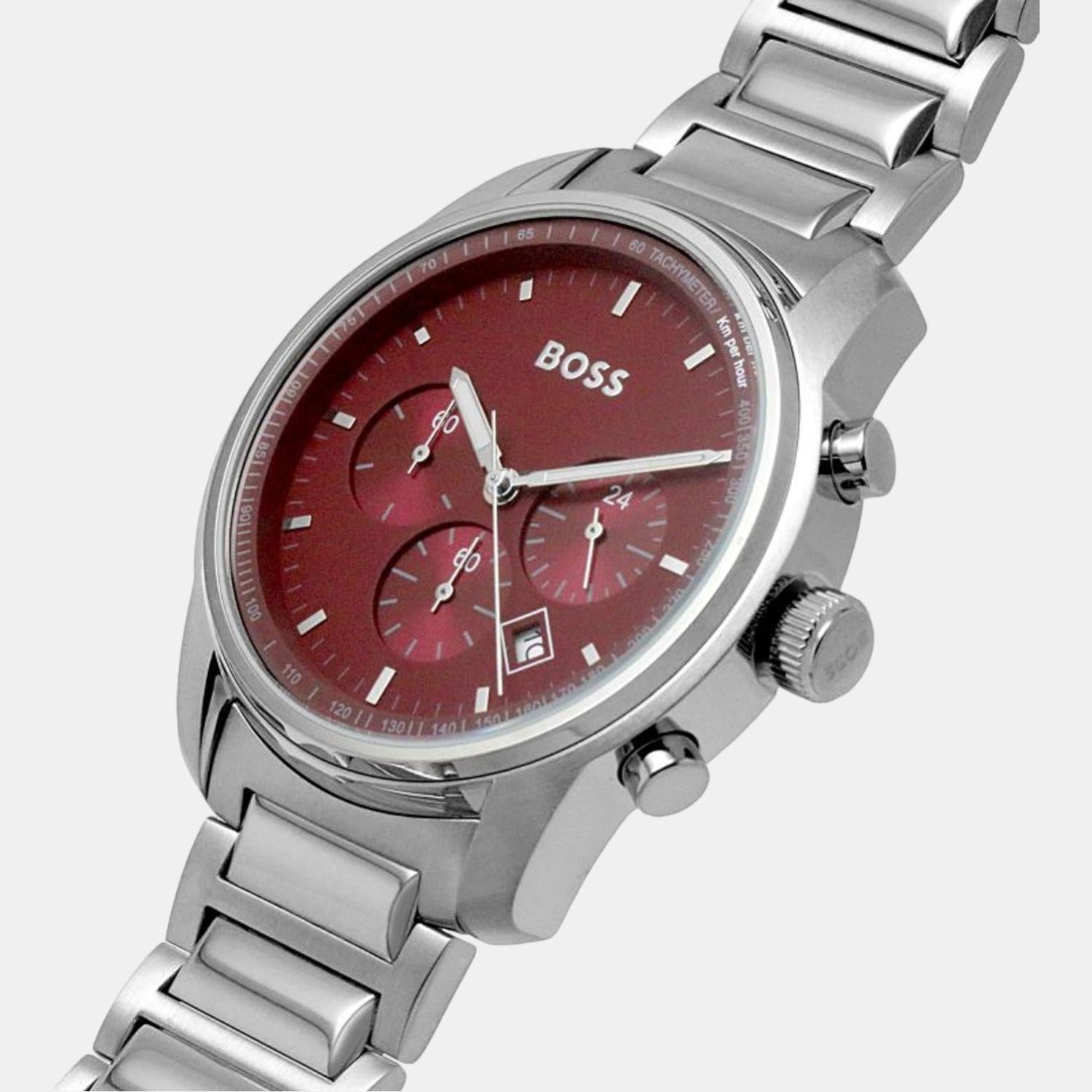 Hugo Boss Trace Chronograph Red Dial Silver Steel Strap Watch For Men - 1514004