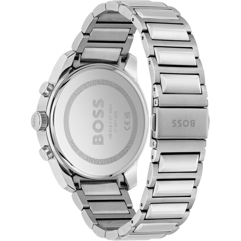 Hugo Boss Trace Chronograph Red Dial Silver Steel Strap Watch For Men - 1514004