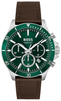 Hugo Boss Troper Chronograph Green Dial Brown Leather Strap Watch For Men - 1514098