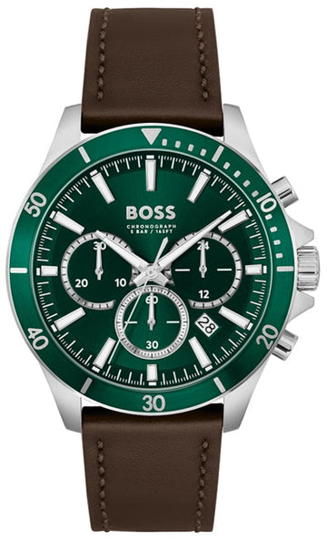 Hugo Boss Troper Chronograph Green Dial Brown Leather Strap Watch For Men - 1514098