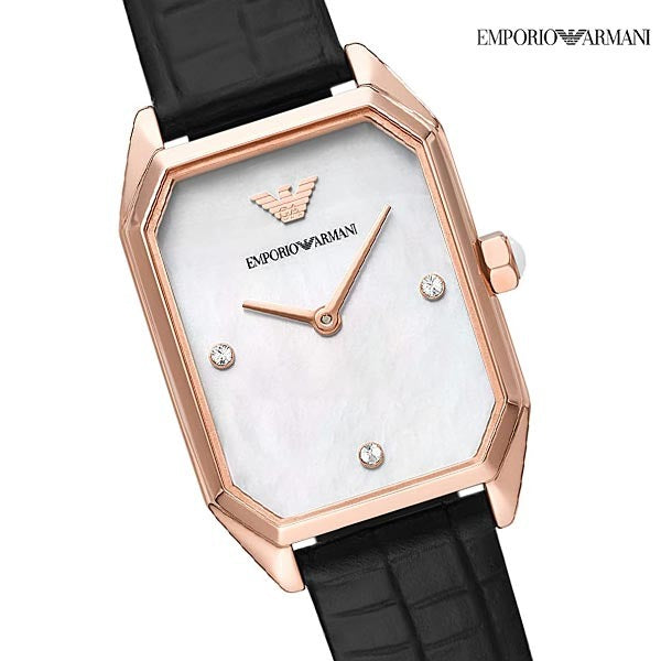 Emporio Armani Gioia Quartz Mother of Pearl Dial Black Leather Strap Watch For Women - AR11390