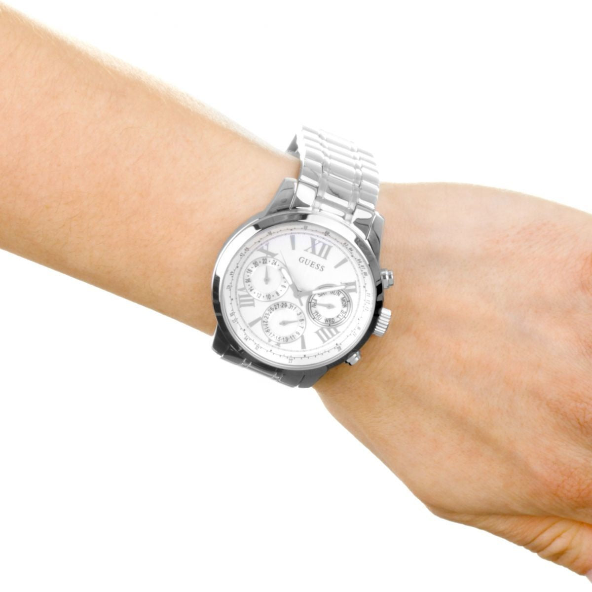 Guess Sunrise Multifunction Quartz White Dial Silver Steel Strap Watch For Women - W0330L3