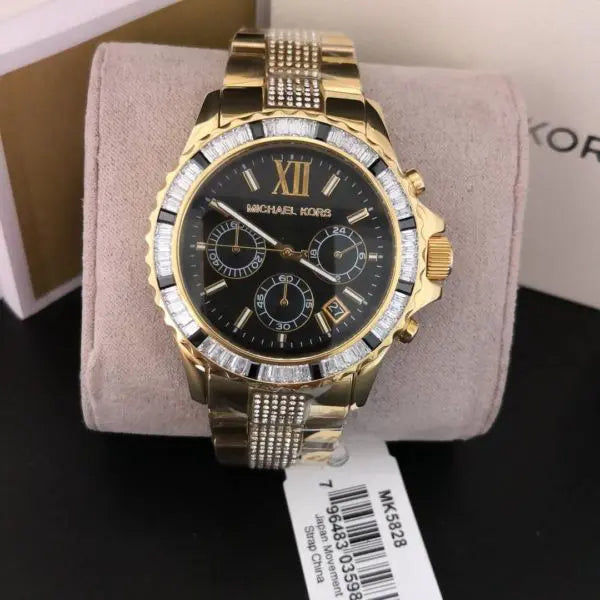 Michael Kors Everest Chronograph Black Dial Gold Steel Strap Watch For Women - MK5828