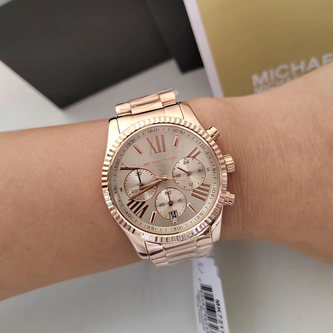 Michael Kors Lexington Chronograph Grey Dial Rose Gold Steel Strap Watch For Women - MK7217