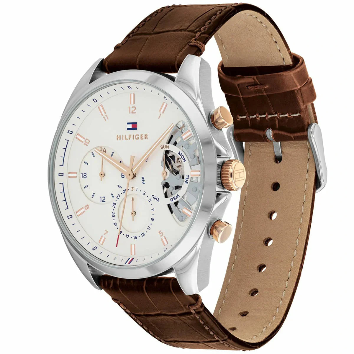 Tommy Hilfiger Baker Chronograph White Dial Brown Leather Strap Watch For Men - 1710450