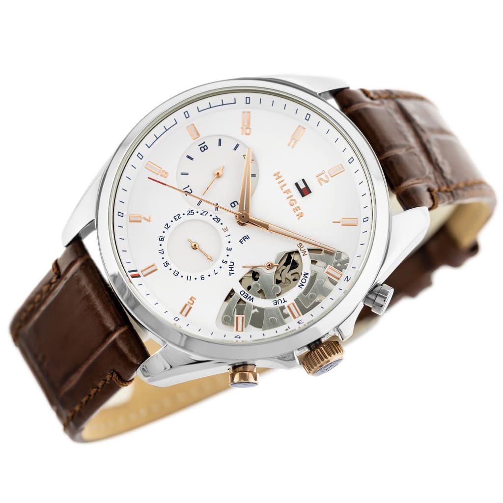 Tommy Hilfiger Baker Chronograph White Dial Brown Leather Strap Watch For Men - 1710450