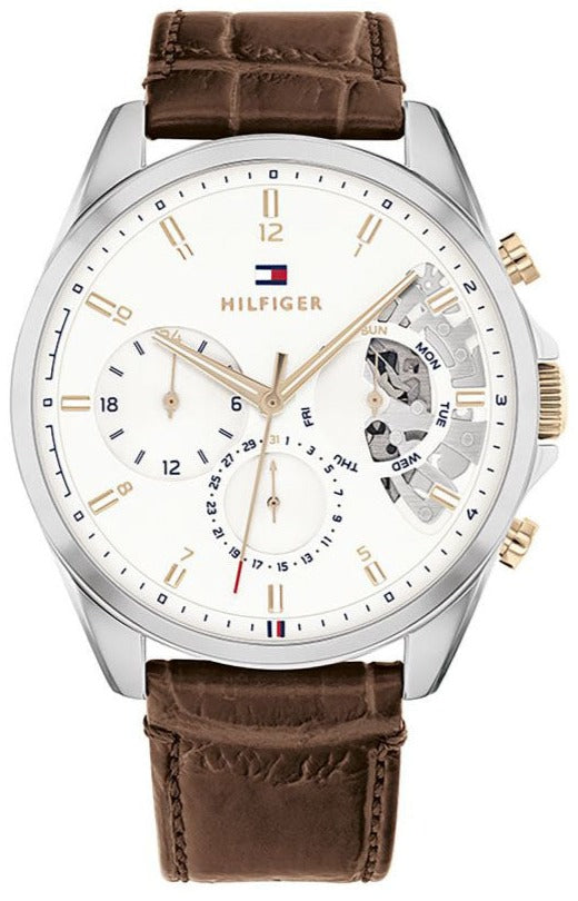 Tommy Hilfiger Baker Chronograph White Dial Brown Leather Strap Watch For Men - 1710450