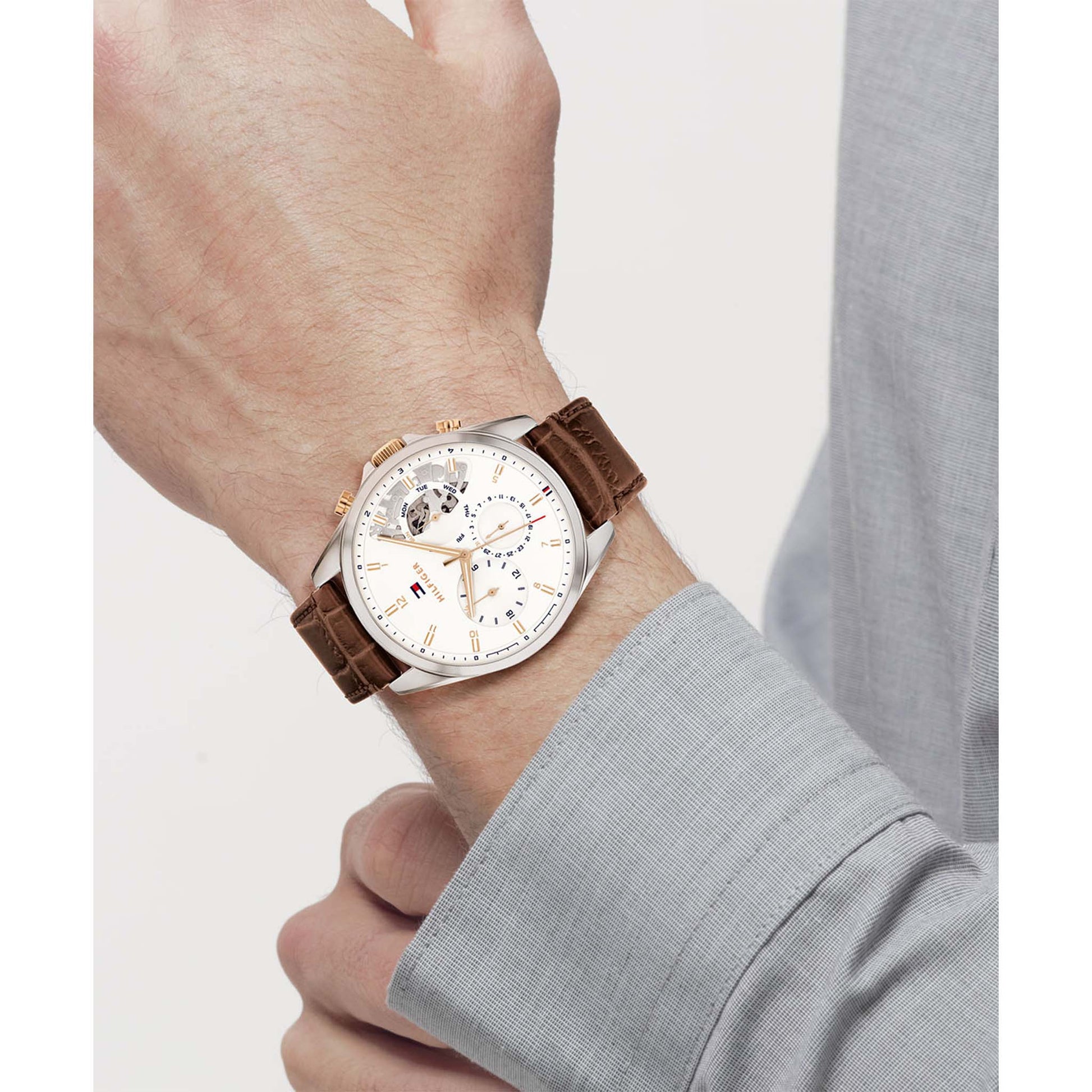 Tommy Hilfiger Baker Chronograph White Dial Brown Leather Strap Watch For Men - 1710450