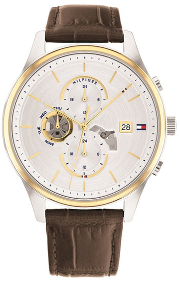 Tommy Hilfiger Weston Chronograph Silver Dial Brown Leather Strap Watch For Men - 1710501