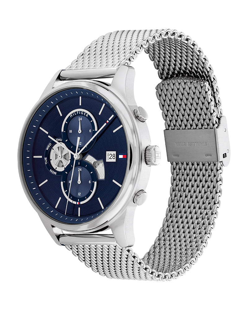 Tommy Hilfiger Weston Chronograph Blue Dial Silver Mesh Bracelet Watch For Men - 1710504