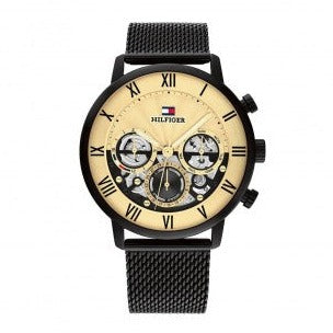 Tommy Hilfiger Legend Chronograph Gold Dial Black Mesh Bracelet Watch For Men - 1710568