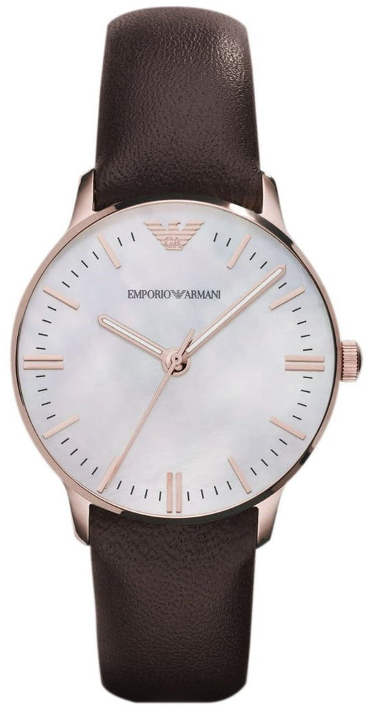 Emporio Armani Classic Quartz Mother of Pearl Dial Brown Leather Strap Watch For Women - AR1601