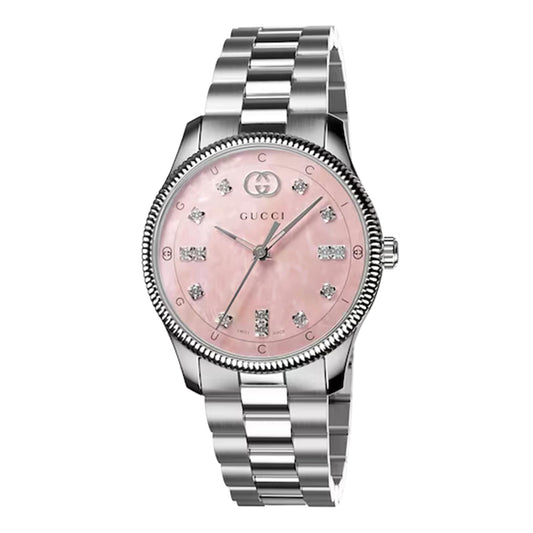 Gucci G Timeless Diamonds Mother of Pearl Pink Dial Silver Steel Strap Watch for Women - YA1265062