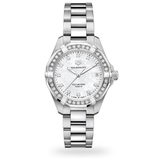 Tag Heuer Aquaracer Diamonds Mother of Pearl White Dial Silver Steel Strap Watch for Women - WBD1415.BA0741