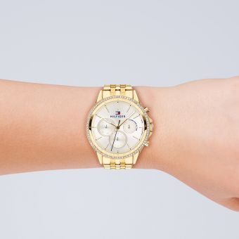 Tommy Hilfiger Ari Multifunction Diamonds Silver Dial Gold Steel Strap Watch for Women - 1781977