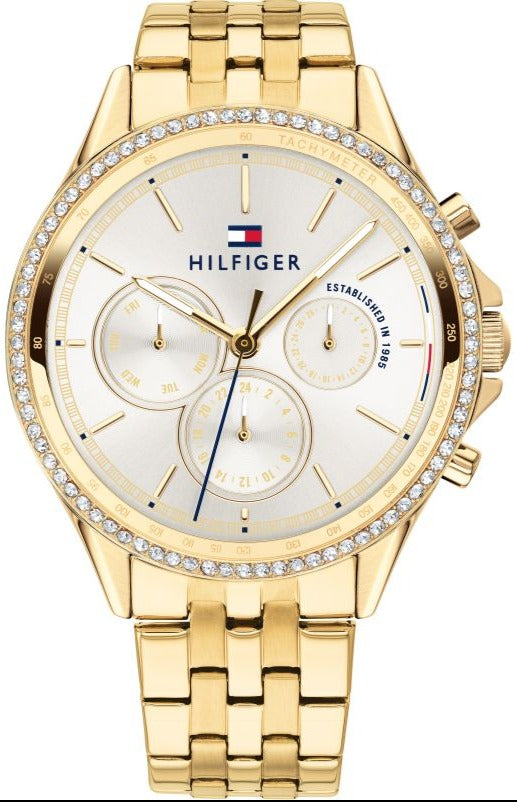 Tommy Hilfiger Ari Multifunction Diamonds Silver Dial Gold Steel Strap Watch for Women - 1781977