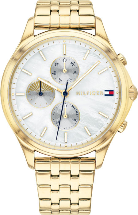 Tommy Hilfiger Whitney Chronograph Quartz Mother of Pearl White Dial Gold Steel Strap Watch For Women - 1782121