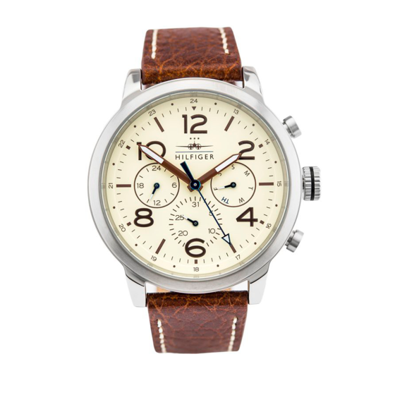 Tommy Hilfiger Jake Multifunction White Dial Brown Leather Strap Watch for Men - 1791230