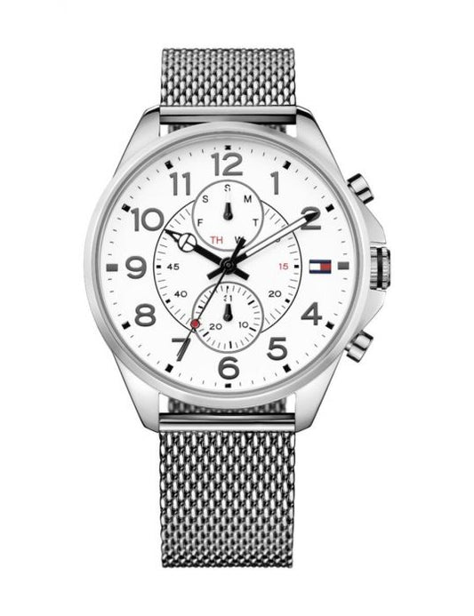 Tommy Hilfiger Dean Chronograph White Dial Silver Mesh Bracelet Watch for Men - 1791277