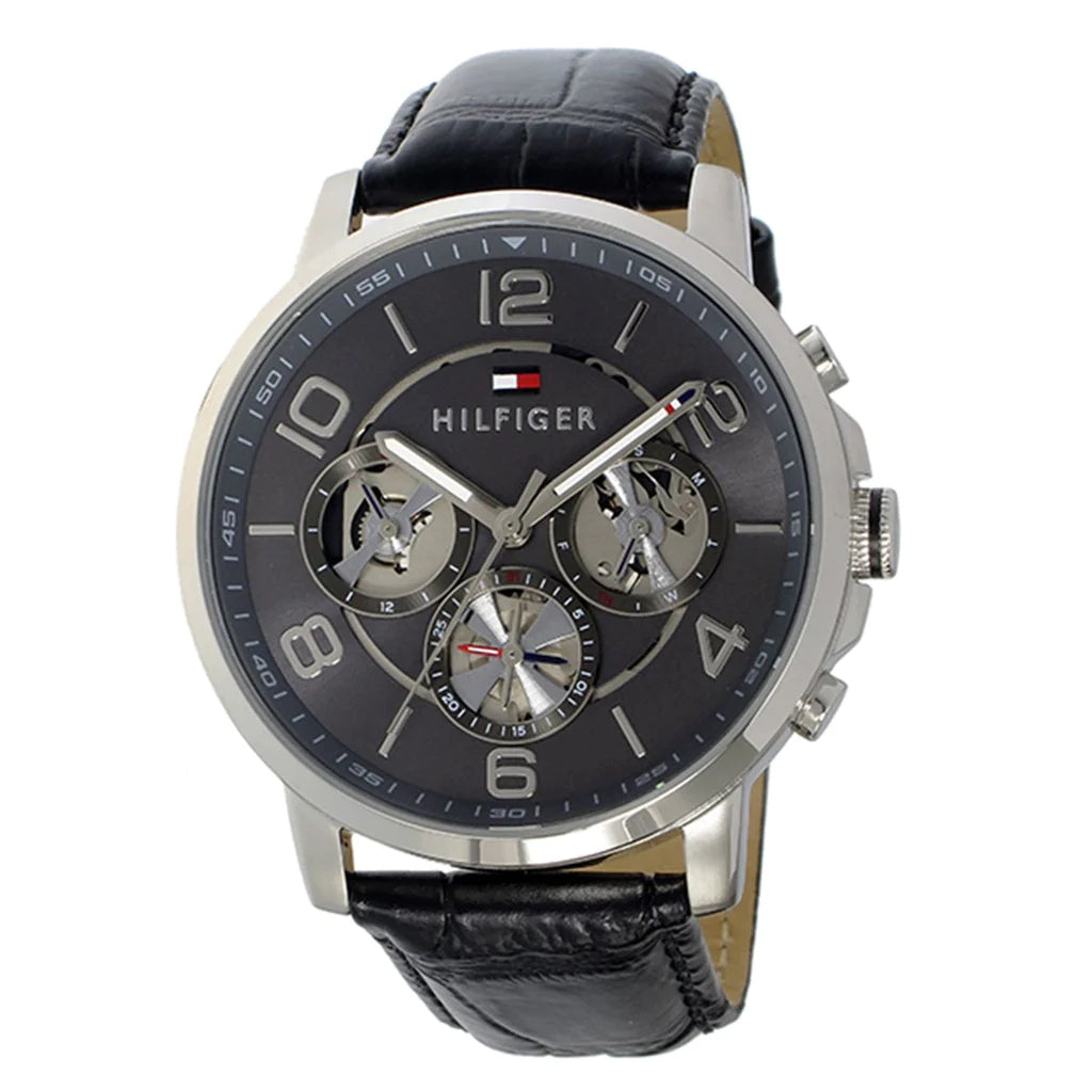 Tommy Hilfiger Keagan Quartz Grey Dial Black Leather Strap Watch for Men - 1791289