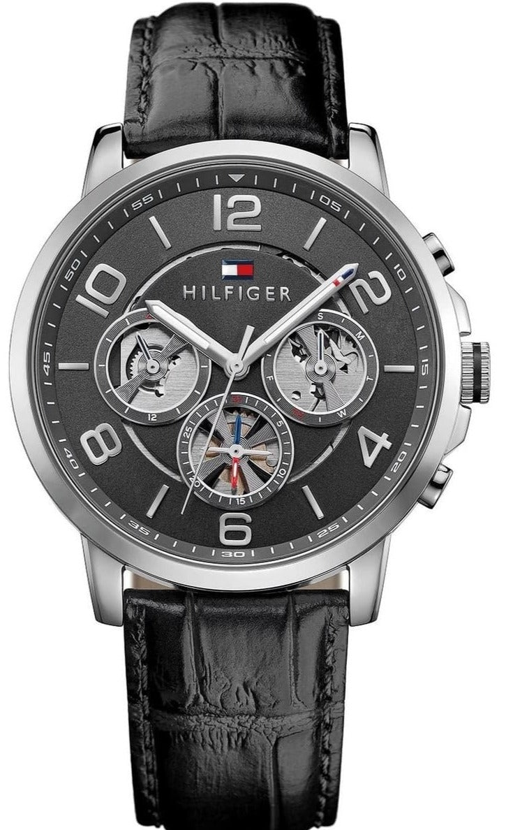 Tommy Hilfiger Keagan Quartz Grey Dial Black Leather Strap Watch for Men - 1791289