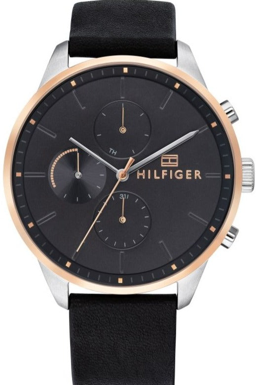 Tommy Hilfiger Chase Chronograph Quartz Grey Dial Black Leather Strap Watch For Men - 1791488