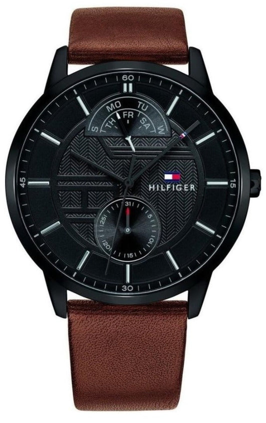 Tommy Hilfiger Hunter Black Dial Brown Leather Strap Watch for Men - 1791604